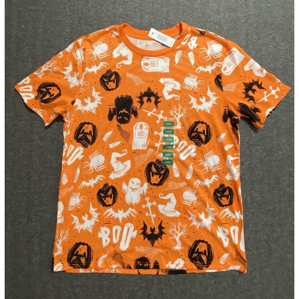 Berkley Jensen Unisex Halloween Short Sleeve Orange Shirt Ghost/Pumpkins Size L